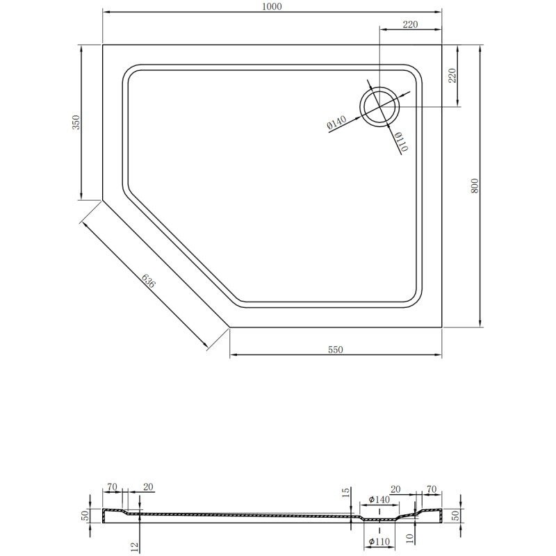 Mexen Flat receveur de douche pentagonal slim droit 100 x 80 cm, noir, siphon chromé - 41P708010R