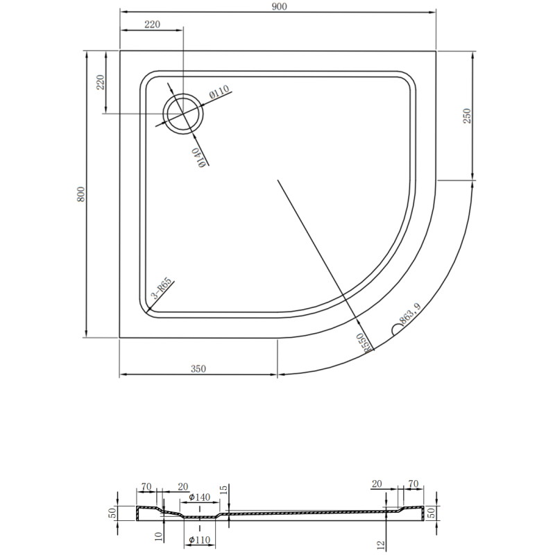 Mexen Flat receveur de douche semi-circulaire slim gauche 90 x 80 cm, blanc, siphon chromé - 41108090L