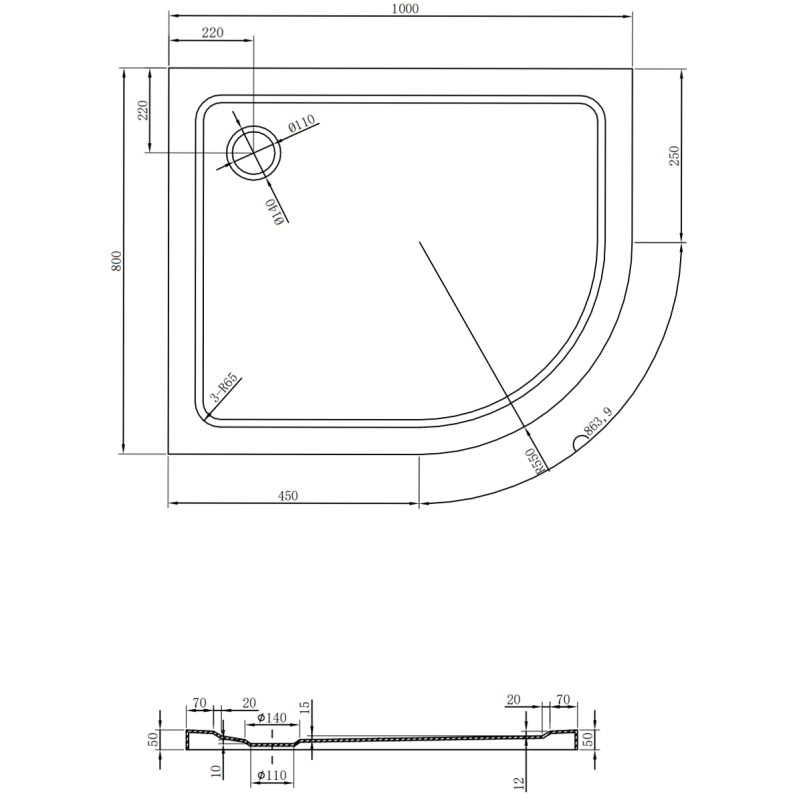 Mexen Flat receveur de douche demi-circulaire slim gauche 100 x 80 cm, blanc, siphon chromé - 41108010L