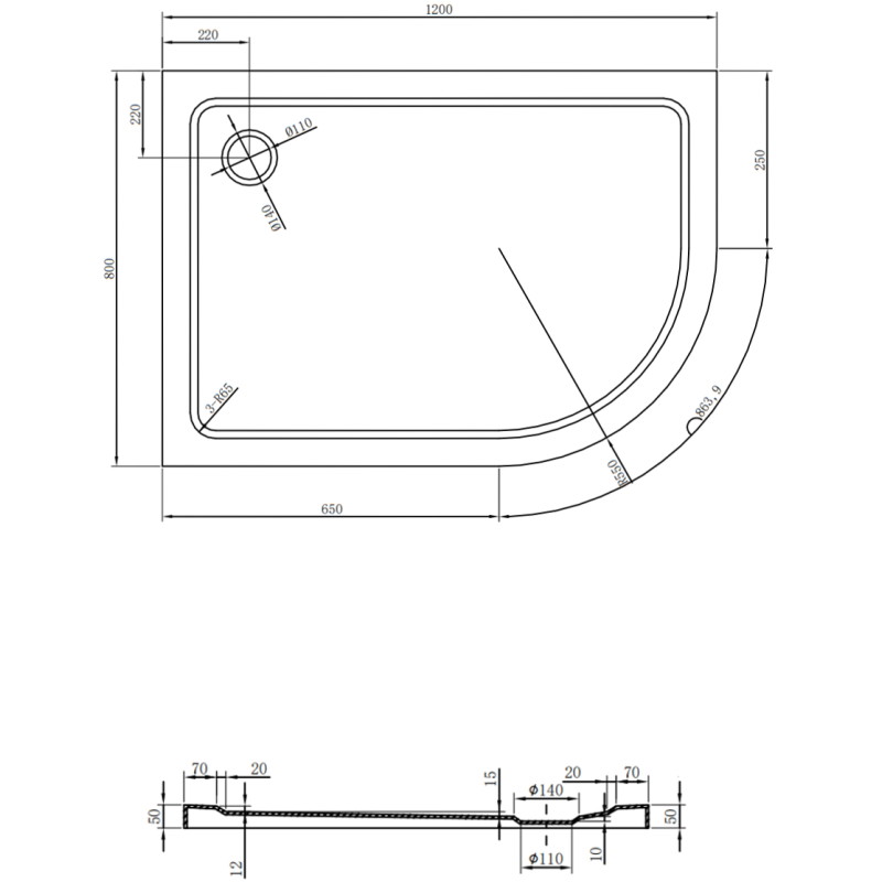 Mexen Flat receveur de douche demi-circulaire slim gauche 120 x 80 cm, blanc, siphon chromé - 41108012L
