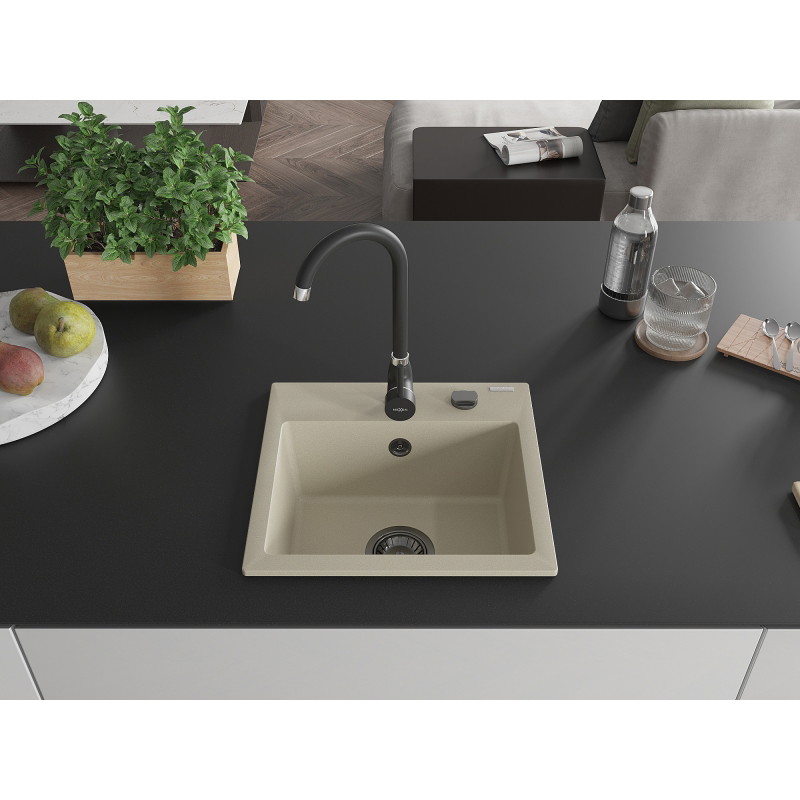 Mexen Milo évier en granit à 1 bac avec robinet de cuisine Telma, beige - 6505-69-670200-70