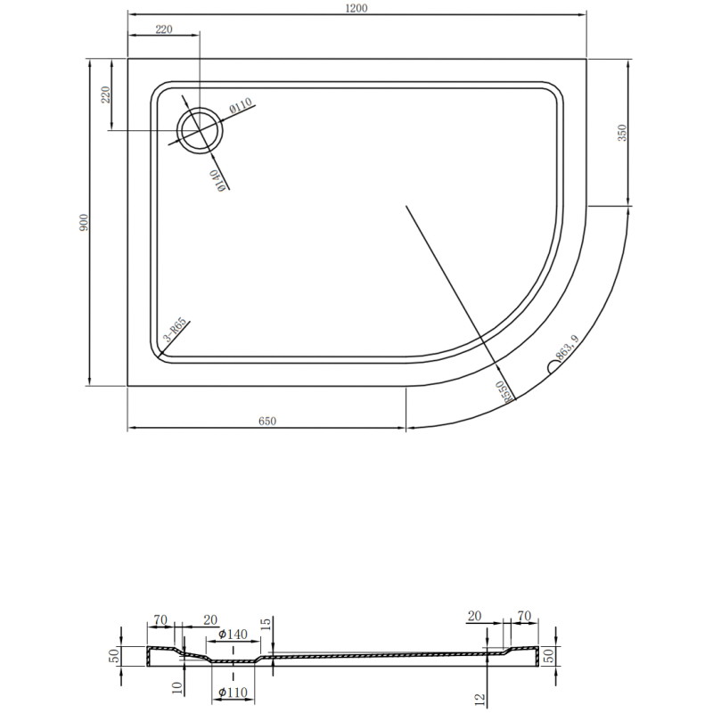 Mexen Flat receveur de douche semi-circulaire slim gauche 120 x 90 cm, blanc, siphon chromé - 41109012L