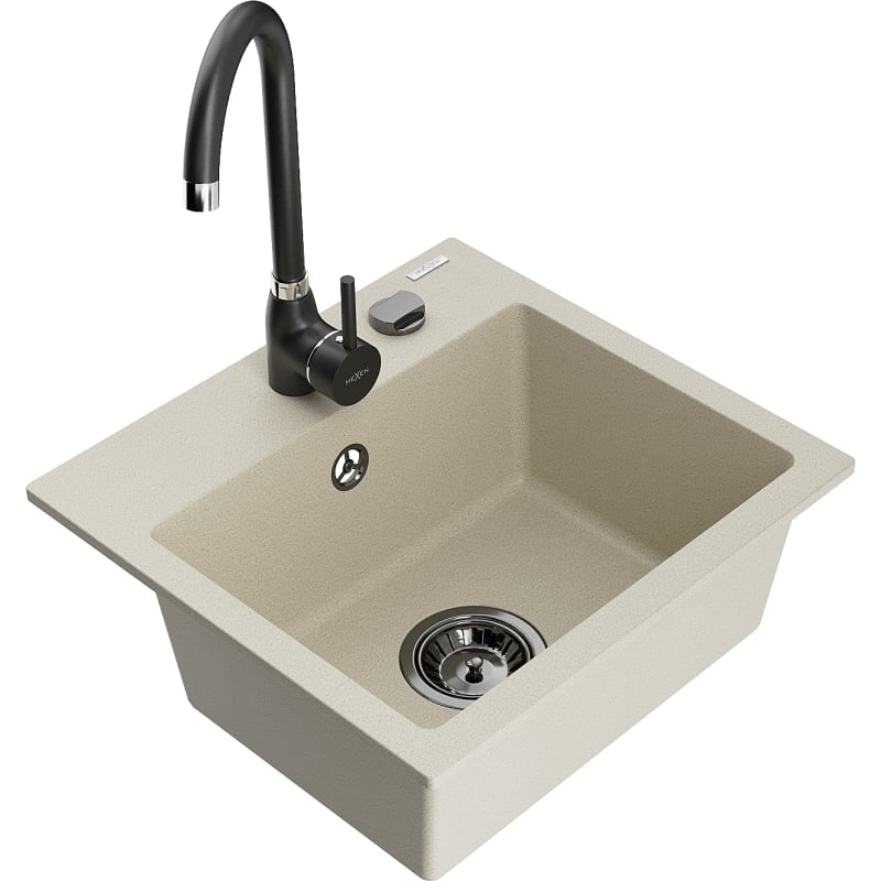 Mexen Milo évier de cuisine en granit 1-bac avec robinet Telma, beige - 6505-69-670200-70