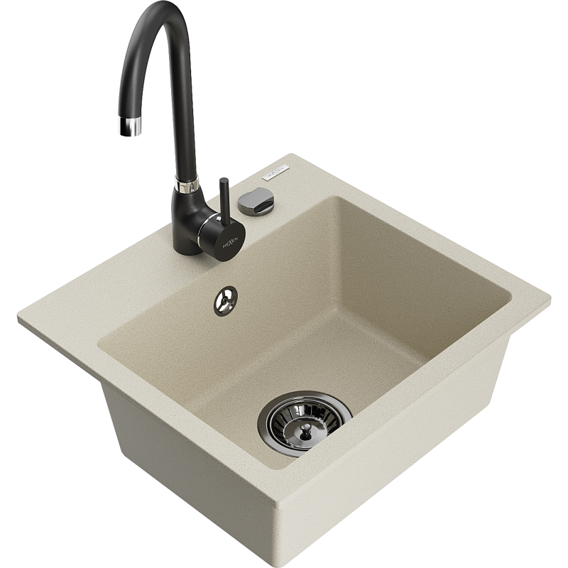 Mexen Milo évier en granit 1 bac avec robinet de cuisine Telma, beige - 6505-69-670200-70