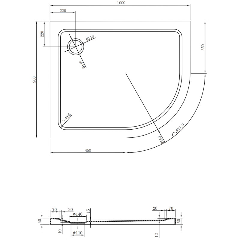 Mexen Flat receveur de douche semi-circulaire slim gauche 100 x 90 cm, noir, siphon chromé - 41709010L