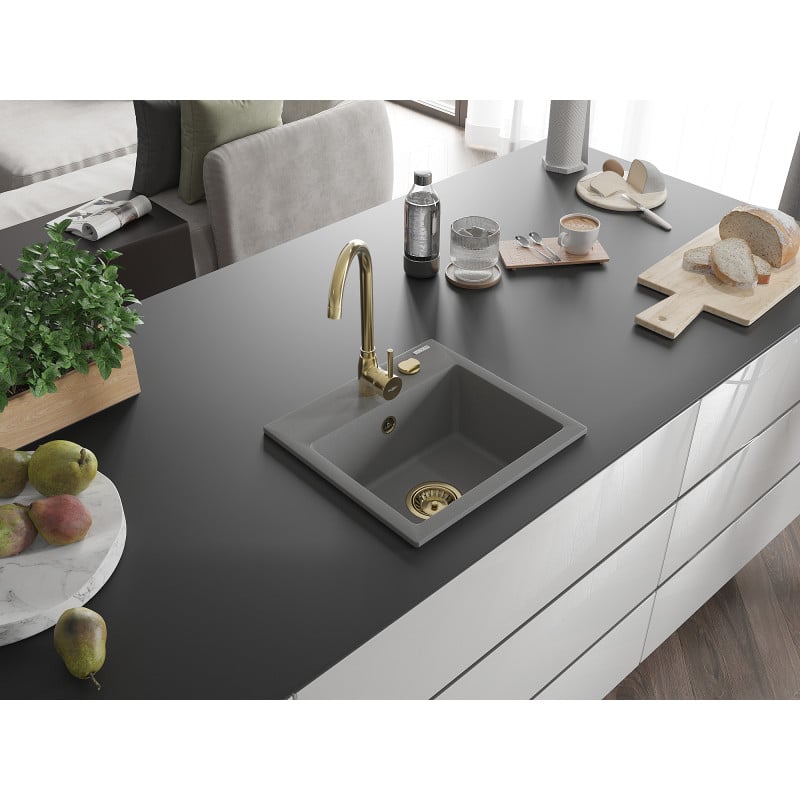 Mexen Milo évier en granit 1 bac avec mitigeur de cuisine Telma, gris - 6505-71-670200-50