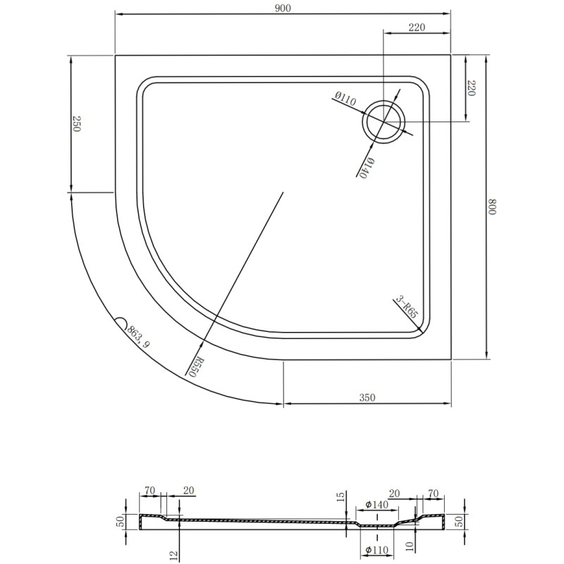 Mexen Flat receveur de douche demi-circulaire slim droit 90 x 80 cm, blanc, siphon chromé - 41108090P