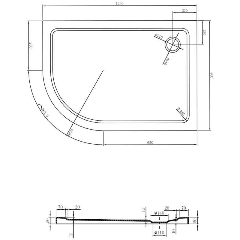Mexen Flat receveur de douche demi-circulaire slim droit 120 x 80 cm, blanc, siphon chromé - 41108012P