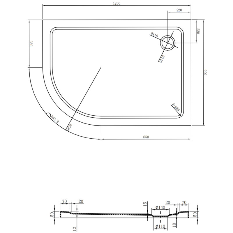 Mexen Flat receveur de douche demi-circulaire slim droit 120 x 90 cm, blanc, siphon chromé - 41109012P
