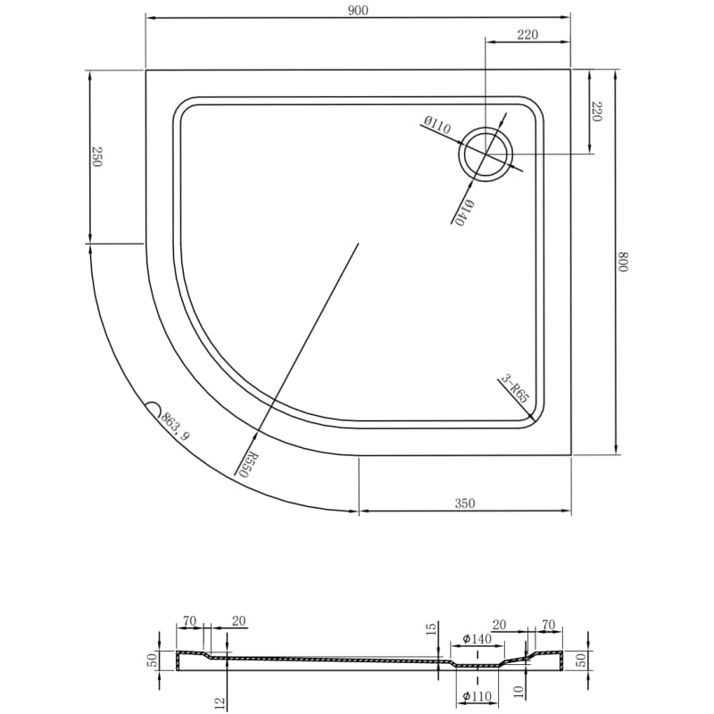 Mexen Flat receveur de douche demi-circulaire slim droit 90 x 80 cm, blanc, siphon doré - 41108090P-G