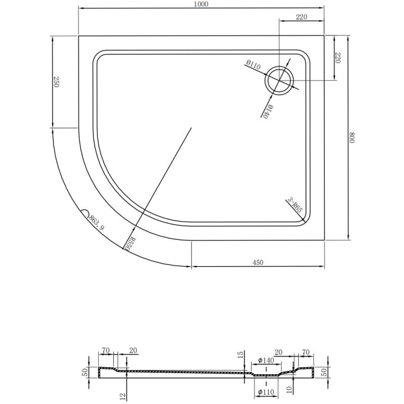 Mexen Flat receveur de douche semi-circulaire slim droit 100 x 80 cm, blanc, siphon doré - 41108010P-G