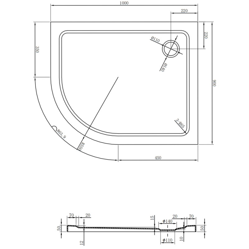 Mexen Flat receveur de douche semi-circulaire slim droit 100 x 90 cm, blanc, siphon doré - 41109010P-G