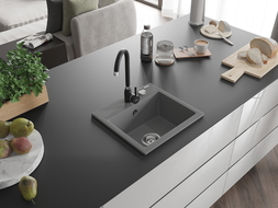 Mexen Milo évier en granit 1 bac avec mitigeur de cuisine Telma, gris - 6505-71-670200-70