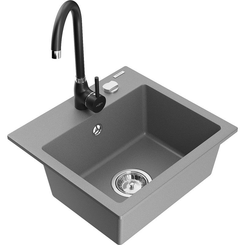Mexen Milo évier en granit 1 bac avec robinet de cuisine Telma, gris - 6505-71-670200-70