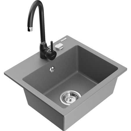 Mexen Milo évier en granit 1 bac avec robinet de cuisine Telma, gris - 6505-71-670200-70