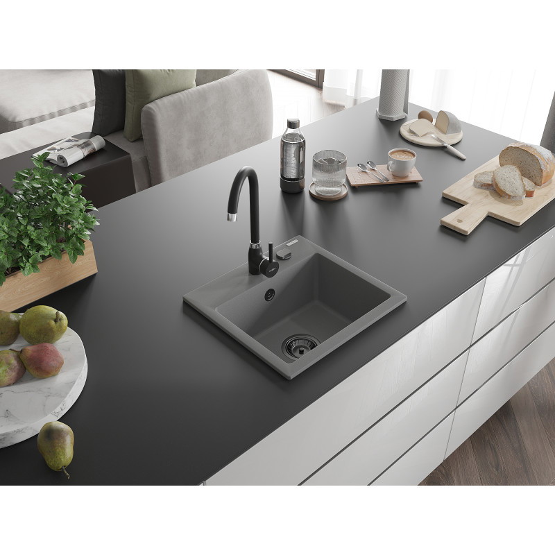 Mexen Milo évier en granit 1 bac avec robinet de cuisine Telma, gris - 6505-71-670200-70-B