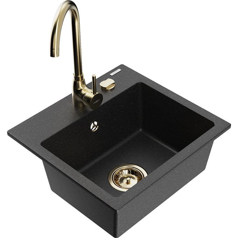 Mexen Milo évier en granit 1 bac avec robinet de cuisine Telma, noir/argent - 6505-73-670200-50
