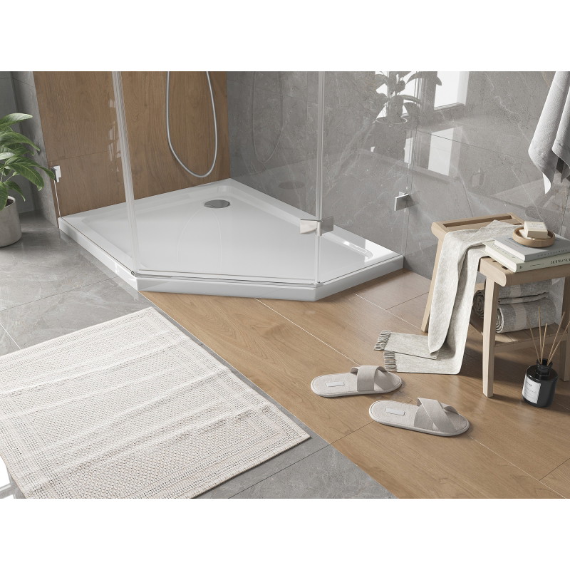 Mexen Flat receveur de douche pentagonal slim gauche 90 x 80 cm, blanc, siphon chromé - 41P108090L