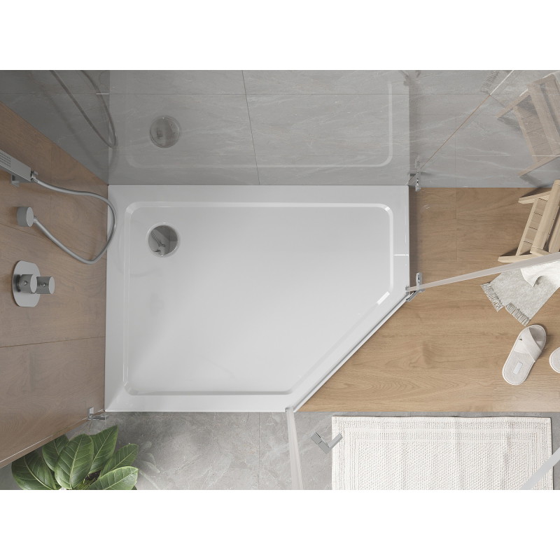 Mexen Flat receveur de douche pentagonal slim gauche 100 x 90 cm, blanc, bonde chromée - 41P109010L