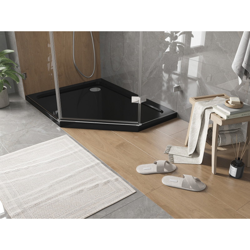 Mexen Flat bac de douche pentagonal slim gauche 90 x 80 cm, noir, siphon chromé - 41P708090L
