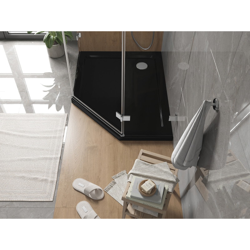 Mexen Flat receveur de douche pentagonal slim gauche 100 x 80 cm, noir, siphon chromé - 41P708010L