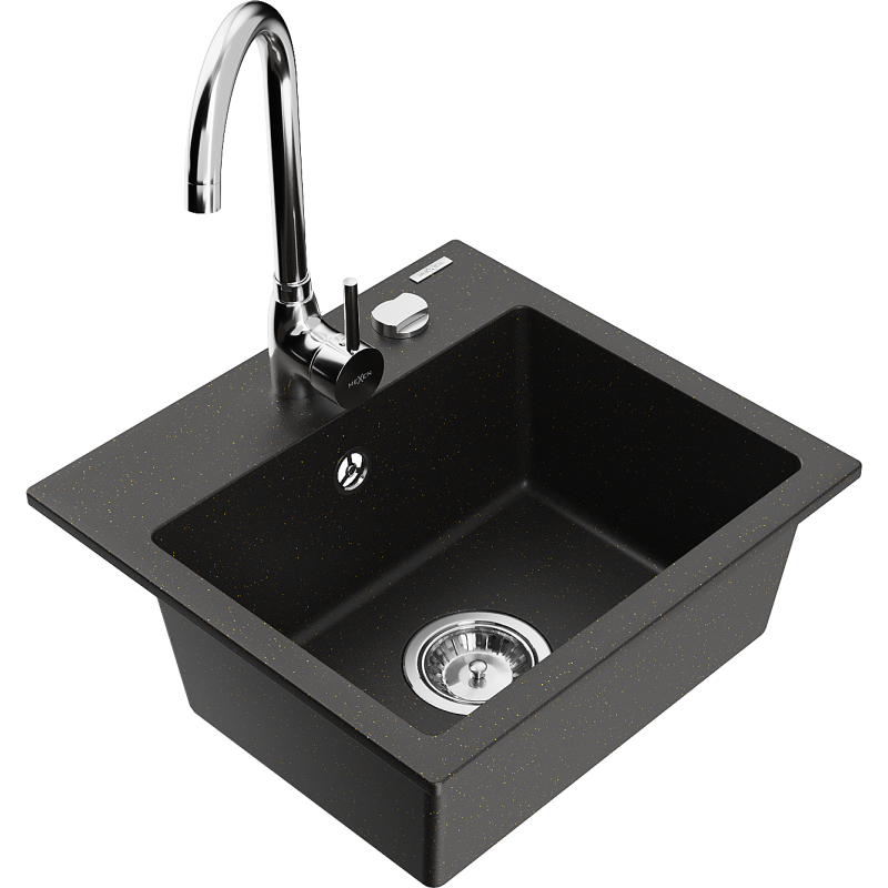 Mexen Milo évier en granit 1-bassin avec robinet de cuisine Telma, noir/doré - 6505-75-670200-00