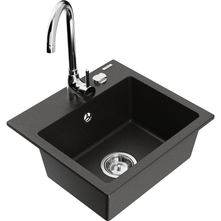Mexen Milo évier en granit 1 bac avec robinet de cuisine Telma, noir/or - 6505-75-670200-00