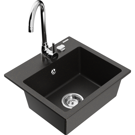 Mexen Milo évier en granit 1-bassin avec robinet de cuisine Telma, noir/doré - 6505-75-670200-00