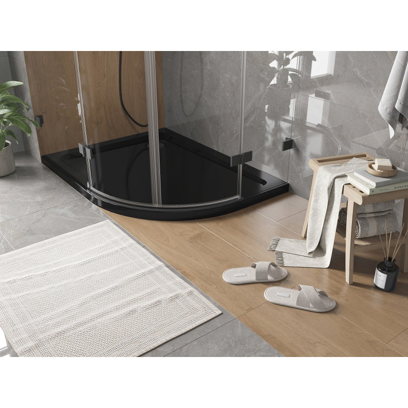 Mexen Flat receveur de douche demi-circulaire mince gauche 90 x 80 cm, noir, siphon noir - 41708090L-B