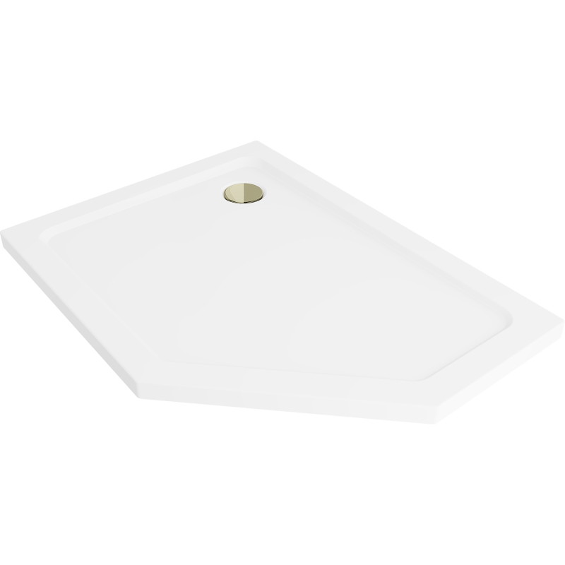 Mexen Flat receveur de douche pentagonal slim gauche 90 x 80 cm, blanc, siphon doré - 41P108090L-G