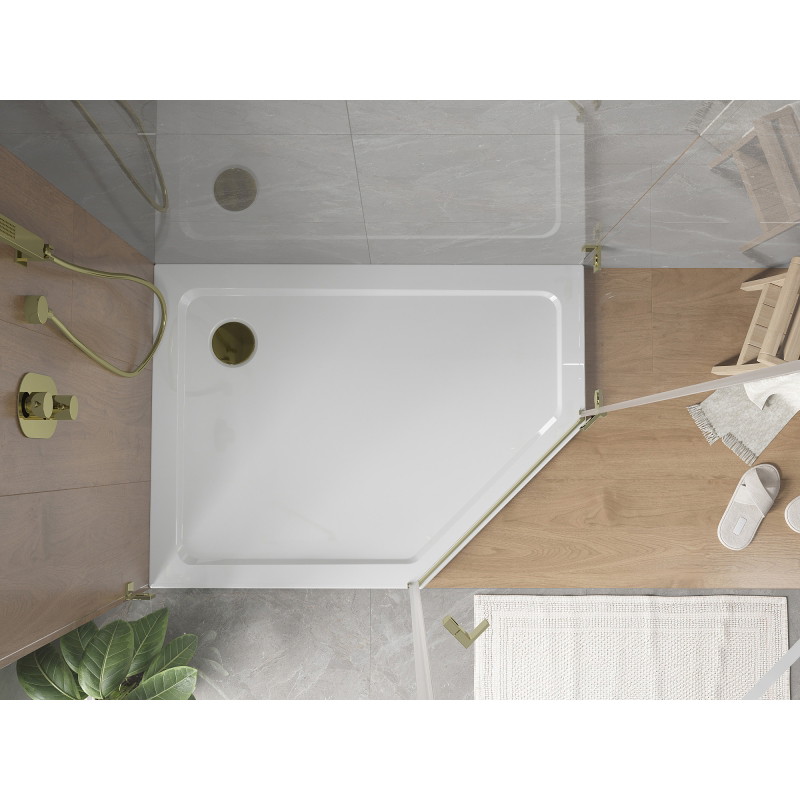 Mexen Flat receveur de douche pentagonal slim gauche 90 x 80 cm, blanc, siphon doré - 41P108090L-G