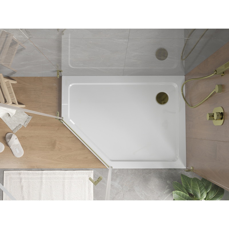 Mexen Flat receveur de douche pentagonal slim droit 100 x 80 cm, blanc, siphon doré - 41P108010R-G