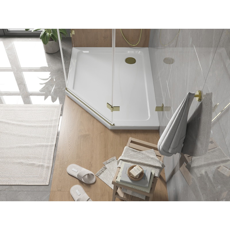 Mexen Flat receveur de douche pentagonal slim gauche 100 x 90 cm, blanc, siphon doré - 41P109010L-G