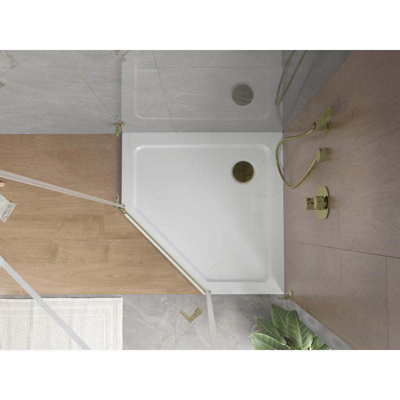 Mexen Flat receveur de douche pentagonal slim 100 x 100 cm, blanc, siphon doré - 41P101010-G