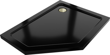 Mexen Flat receveur pentagonal slim droit 90 x 80 cm, noir, bonde dorée - 41P708090R-G