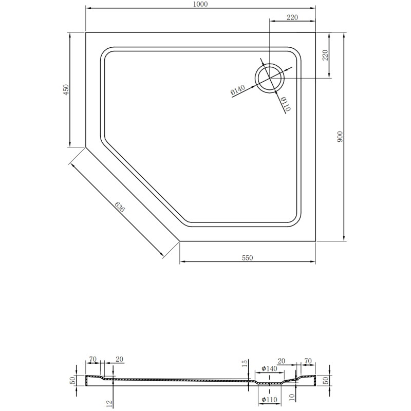 Mexen Flat receveur de douche pentagonal slim droit 100 x 90 cm, noir, siphon doré - 41P709010R-G