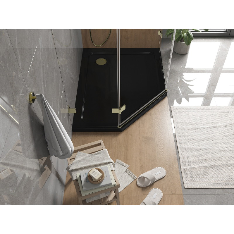 Mexen Flat receveur de douche pentagonal slim droit 100 x 90 cm, noir, siphon doré - 41P709010R-G