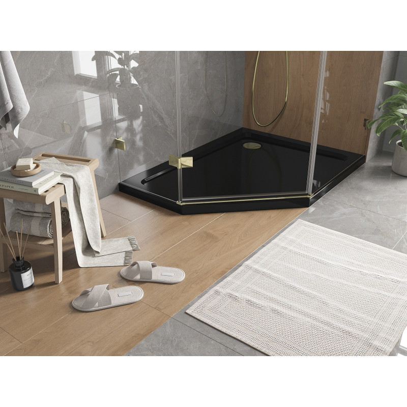 Mexen Flat receveur de douche pentagonal slim droit 100 x 90 cm, noir, siphon doré - 41P709010R-G
