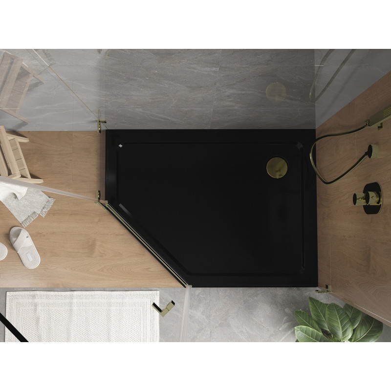 Mexen Flat receveur de douche pentagonal slim droit 100 x 90 cm, noir, siphon doré - 41P709010R-G