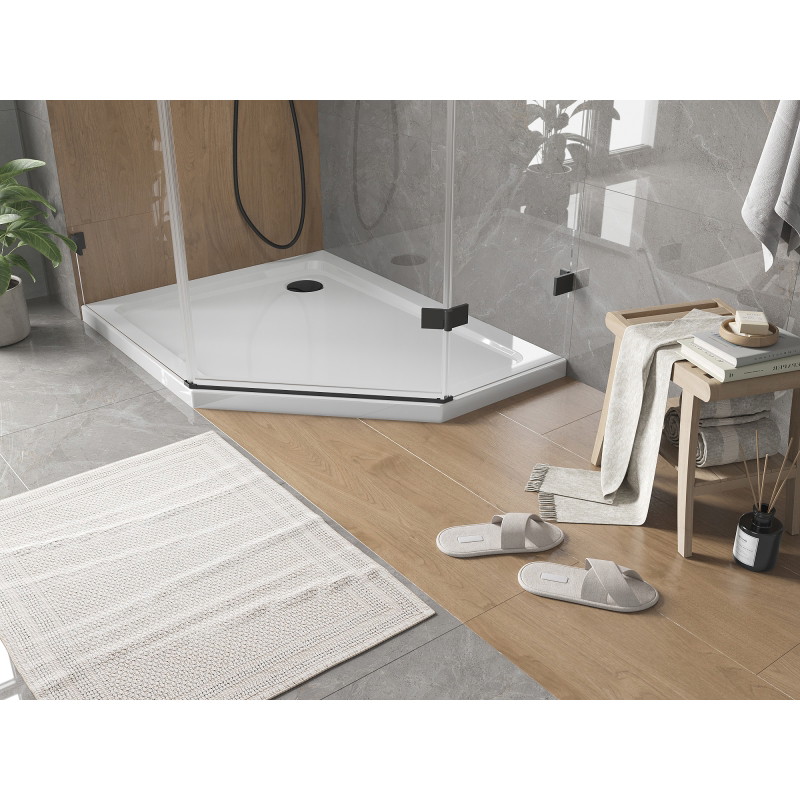 Mexen Flat receveur de douche pentagonal slim gauche 100 x 80 cm, blanc, siphon noir - 41P108010L-B