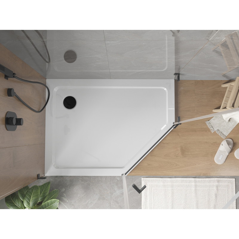 Mexen Flat receveur de douche pentagonal slim gauche 100 x 80 cm, blanc, siphon noir - 41P108010L-B