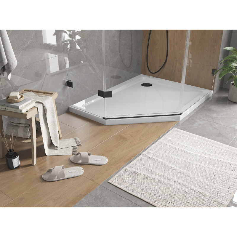 Mexen Flat receveur de douche pentagonal slim droit 100 x 80 cm, blanc, siphon noir - 41P108010R-B