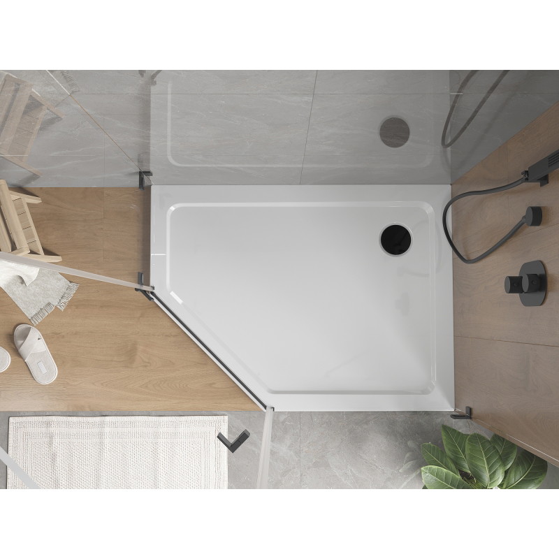 Mexen Flat receveur de douche pentagonal slim droit 100 x 80 cm, blanc, siphon noir - 41P108010R-B