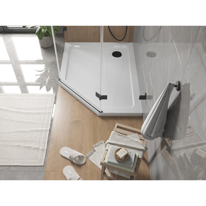 Mexen Flat receveur de douche pentagonal slim gauche 100 x 90 cm, blanc, siphon noir - 41P109010L-B