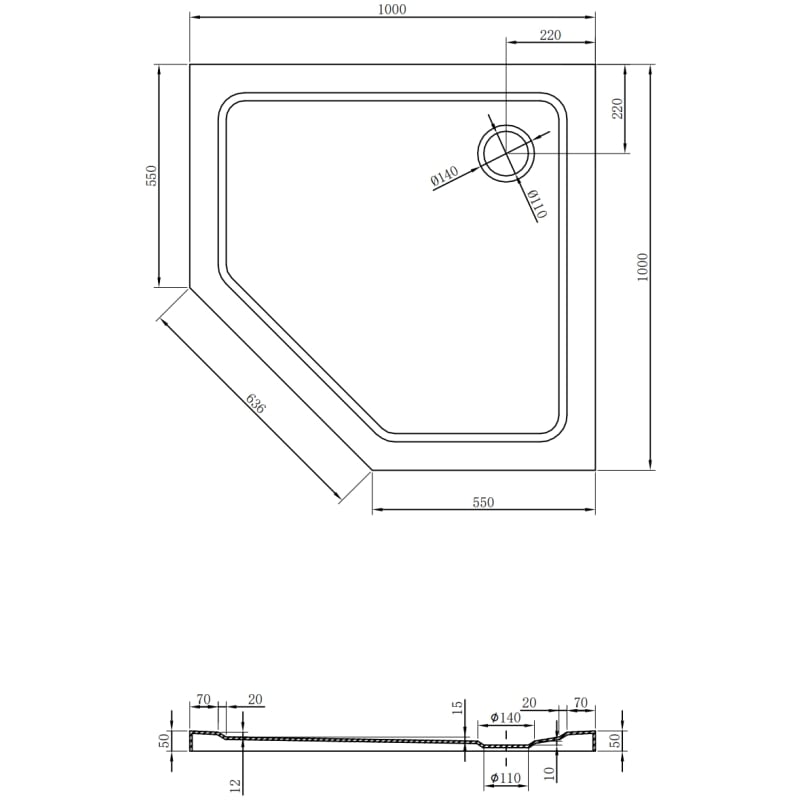 Mexen Flat receveur de douche pentagonal slim 100 x 100 cm, blanc, siphon noir - 41P101010-B