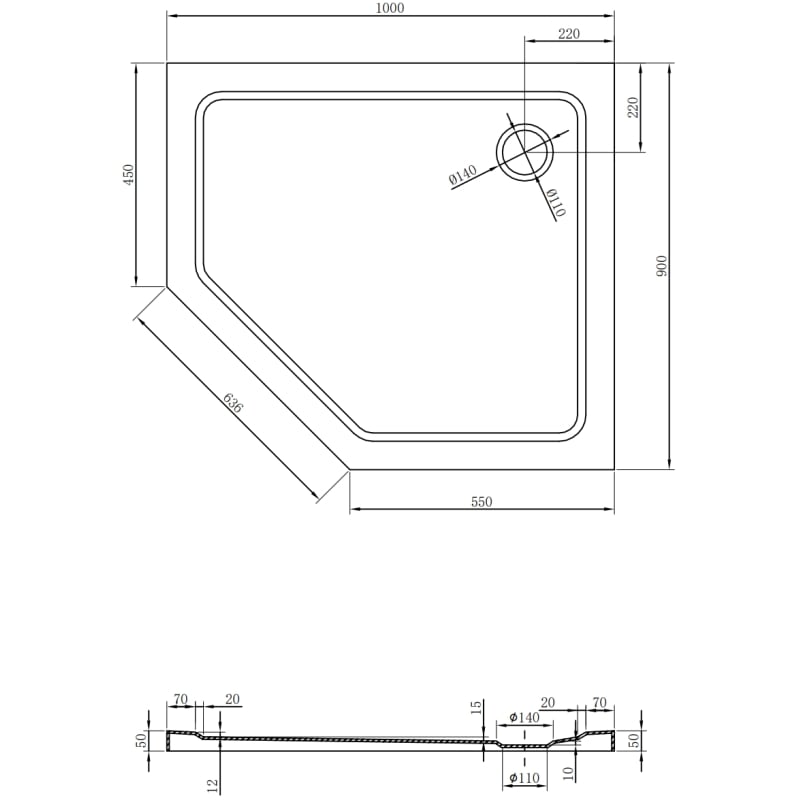 Mexen Flat receveur de douche pentagonal slim droit 100 x 90 cm, noir, siphon noir - 41P709010R-B