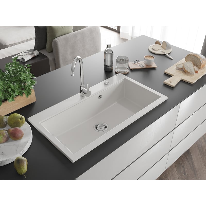 Mexen Slido évier en granit 1 bac 900 x 500 mm, blanc, siphon chromé - 6528901005-20