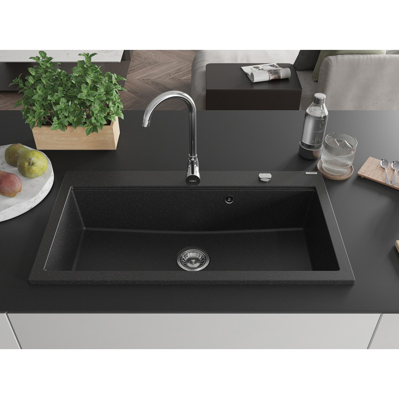 Mexen Slido évier en granit 1 bac 900 x 500 mm, noir/argent métallisé, siphon chromé - 6528901005-73