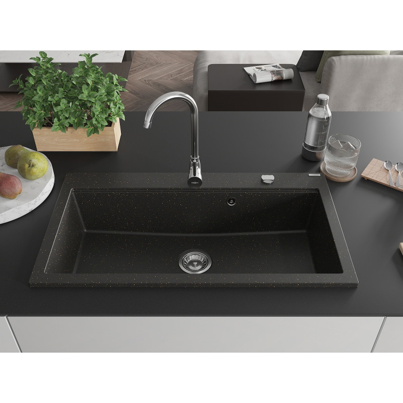 Mexen Slido Évier en granit 1 bac 900 x 500 mm, noir/doré métallisé, siphon chromé - 6528901005-75