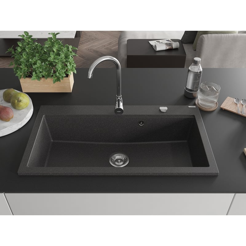 Mexen Slido évier en granit 1 bac 900 x 500 mm, noir moucheté, siphon chromé - 6528901005-75 - 6528901005-76